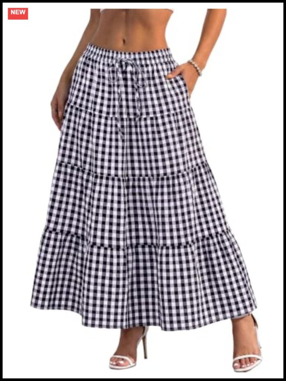 Womens Plaid Gingham Midi Skirt with Pockets High Waisted A-Line Long Skirt